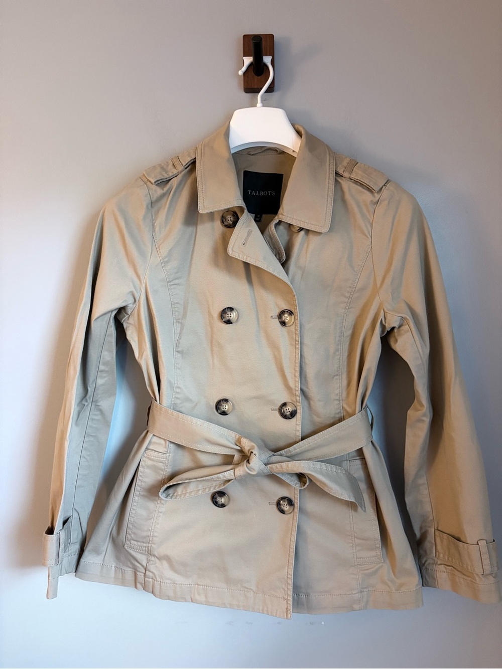 Talbots Womens M Khaki Beige Short Belted Trench Coat Double Breasted Jacket